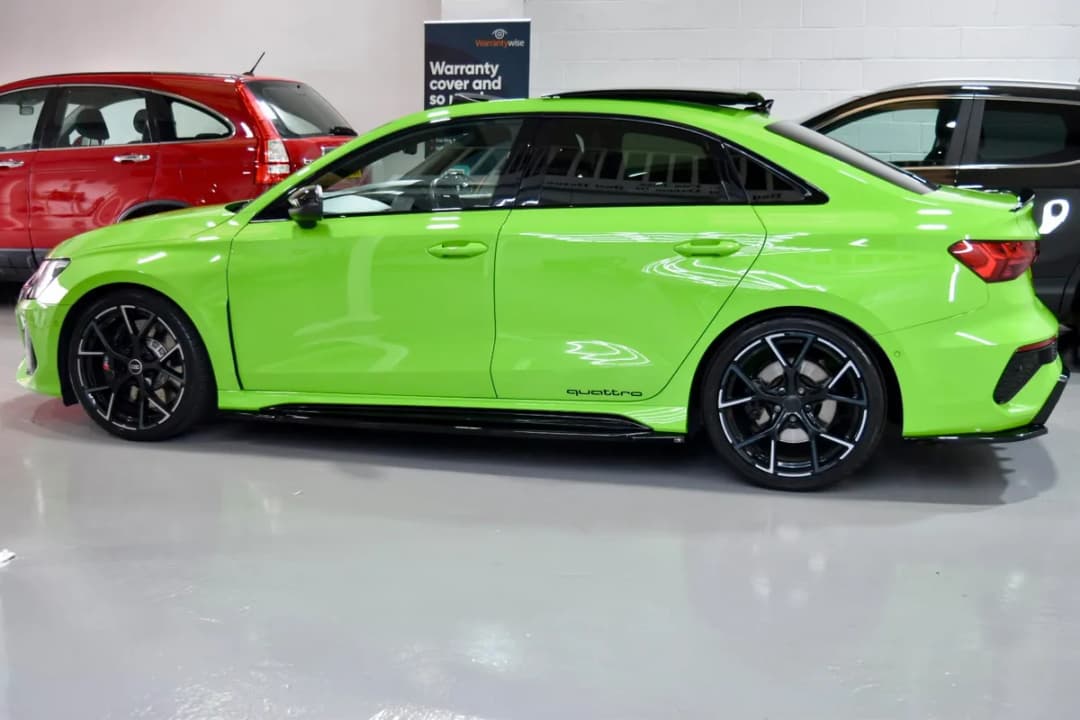 Kyalami Green Audi RS3 Sportback Quattro parked on the East Midland Cars Leicester forecourt