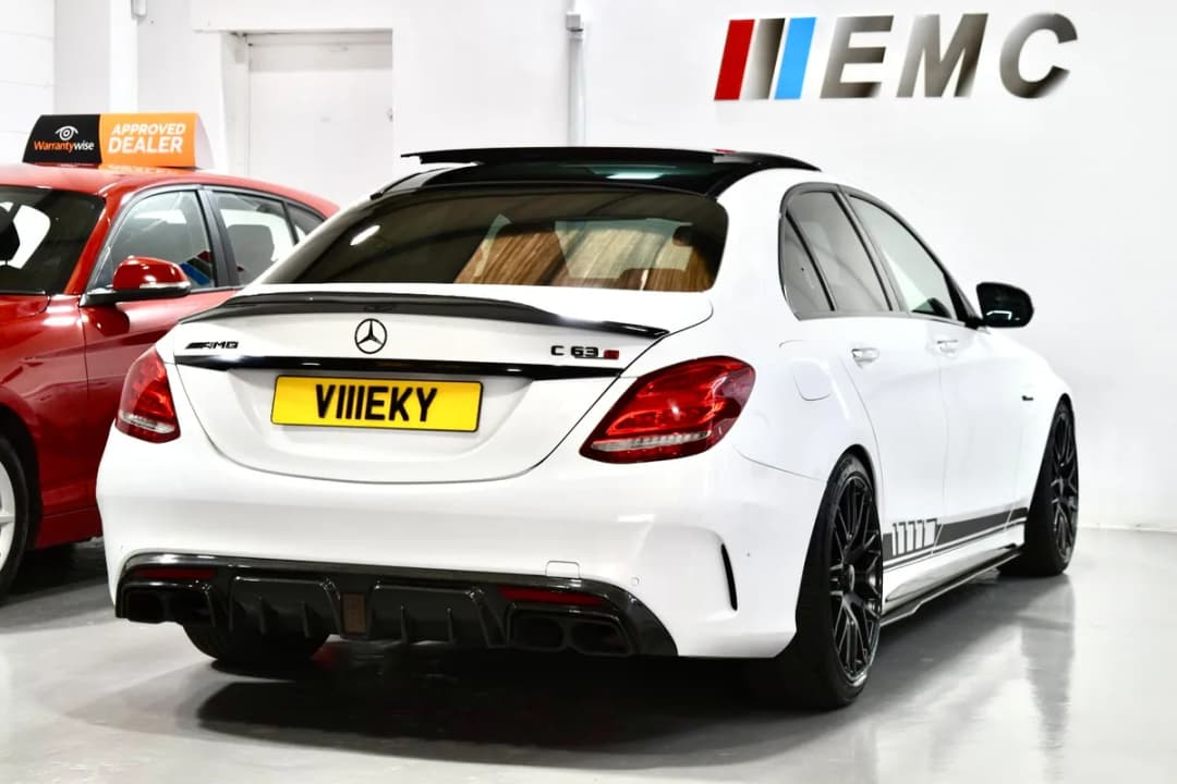 White Mercedes-AMG C63 S saloon on display in Leicester