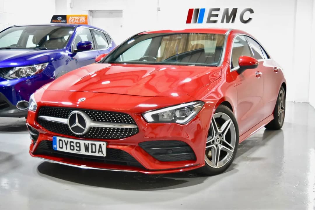Red Mercedes-Benz CLA AMG Line coupe for sale at East Midland Cars Leicester