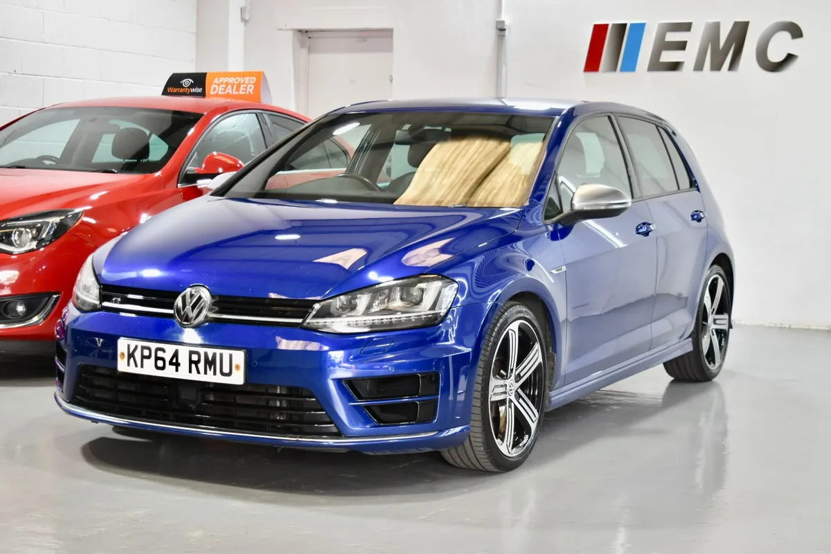 Blue Volkswagen Golf R hatchback in the East Midland Cars Leicester showroom